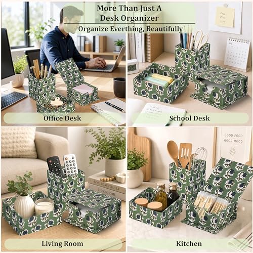 Ridhi Basil Green Block Print Desk Organizer Pen & Notepad Holder