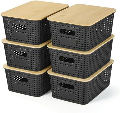 Ohmlove 6 Pack Plastic Storage Baskets with Bamboo Lids for