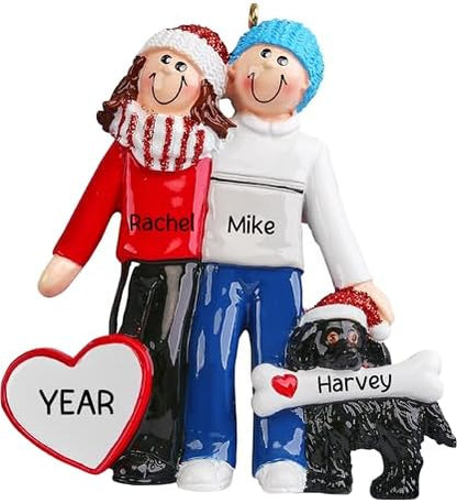 Personalized Couple with Dog Ornament 2026, Black Dog Parents in