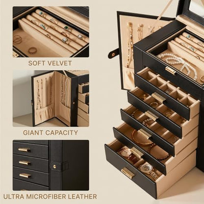 Large Leather Jewelry Box for Women, Mirror, 6 layer, Black