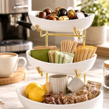 3 Tier Fruit Basket for Kitchen Counter, Large Ceramic Fruit Bowl &