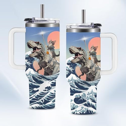 Funny Cat Coffee Mugs Fighting Cat Riding Dinosaur Dino Cups for Boys