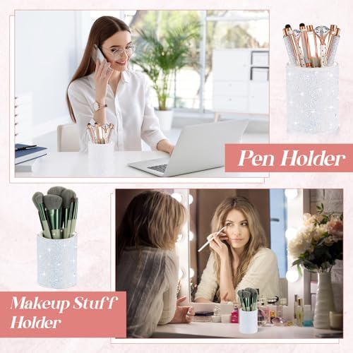 Sabary 8 Pcs White Diamond Pens with Glitter Desk Pen Holder for Women