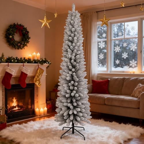LAMPHOME 7FT Flocked PVC Pencil Tree - 469 Slim Tips, Wrap Design