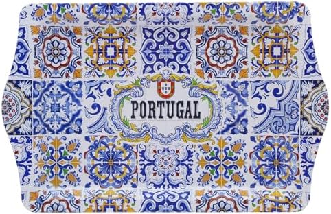 Portugal Azulejo Tile Small Metal Serving Tray with Handles