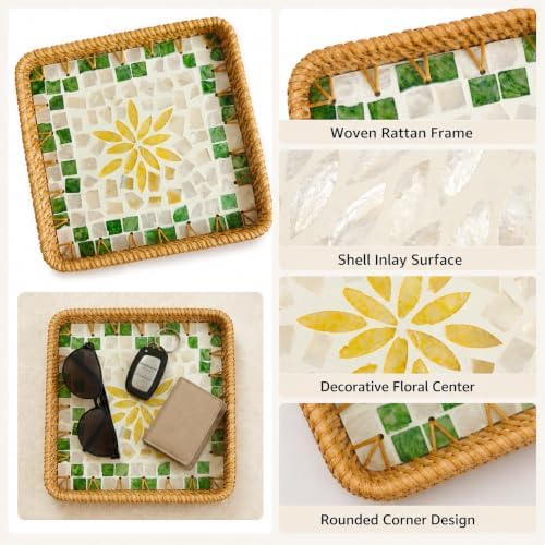 Shell Inlay Rattan Tray, 8.66 in Square Entryway Key Basket (Yellow)