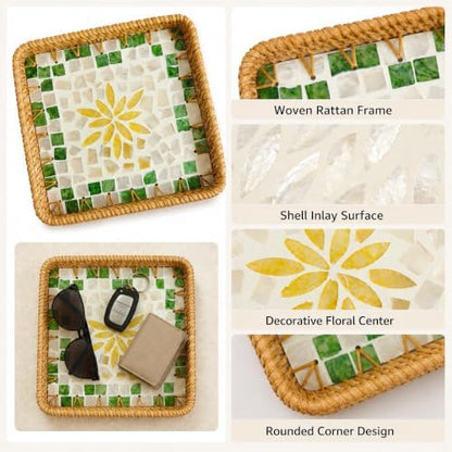 Shell Inlay Rattan Tray, 8.66 in Square Entryway Key Basket (Yellow)