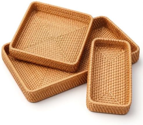 Rattan Serving Tray Set of 3 Rectangular Wicker Storage Baskets