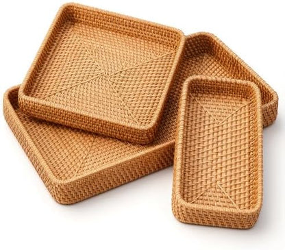 Rattan Serving Tray Set of 3 Rectangular Wicker Storage Baskets