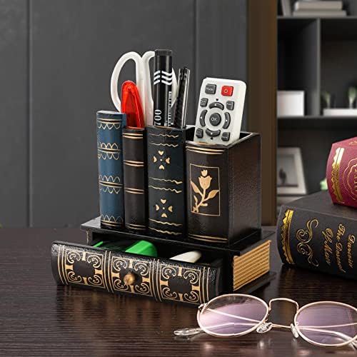 Tosnail Decorative Pen Holder with Storage Drawer, Wooden Pencil