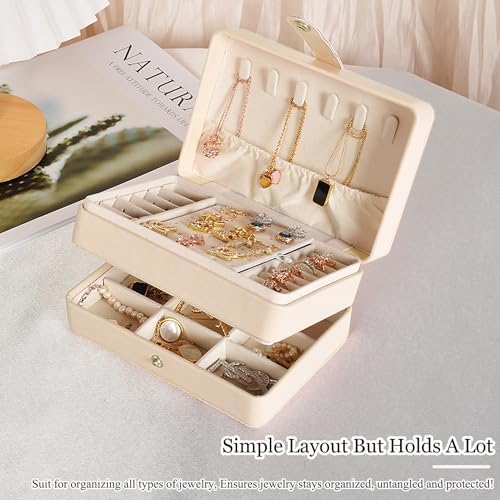 Travel Jewelry Case, 2-Layer Large Jewelry Organizer Box, Beige, PU