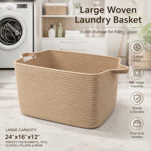 96L Woven Laundry Basket with Handles, Extra Blanket Basket,Jute