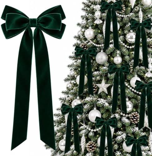 JOICEE 12Pcs Large Green Christmas Velvet Bows for Christmas Tree