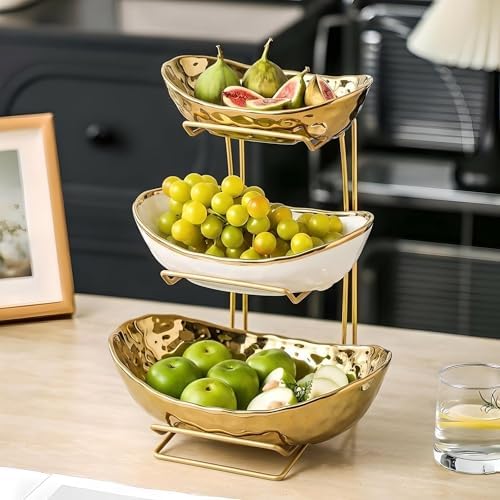 3-Tier Gold Fruit Bowl & Tray with Metal Stand - Ceramic White, Triple