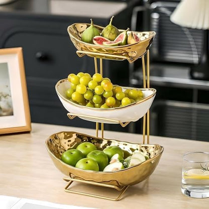 3-Tier Gold Fruit Bowl & Tray with Metal Stand - Ceramic White, Triple