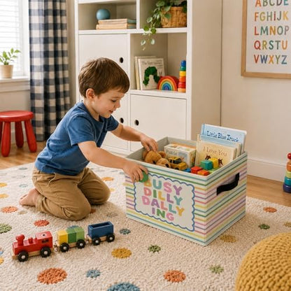 Girls Boys Playroom Foldable Storage Bins with Handles, Busy Dilly