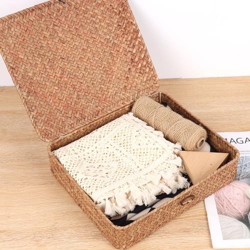 Moosky Flat Wicker Shelf Baskets with Lid, Handwoven Seagrass Basket