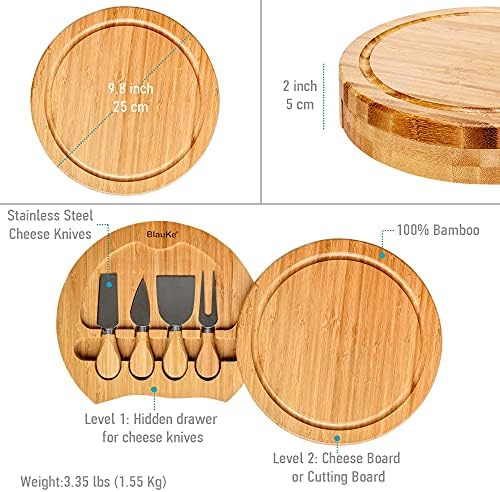 Bamboo Cheese Board and Knife Set - 10 inch Round Charcuterie Board