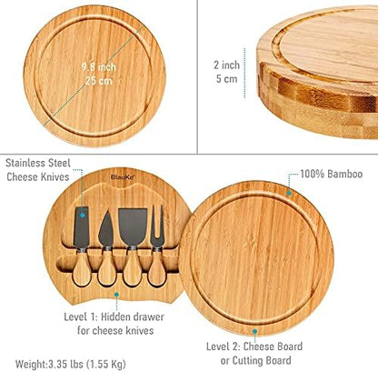 Bamboo Cheese Board and Knife Set - 10 inch Round Charcuterie Board