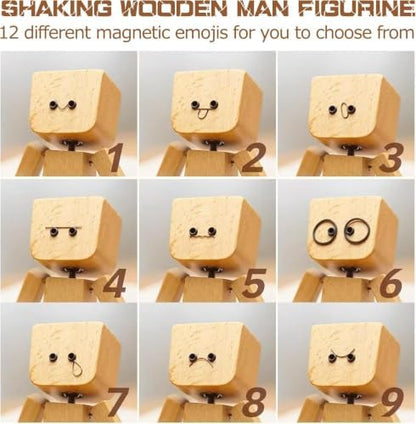 Shaking Leg Wooden Man Figurine with 12 Expression Accessories for Car