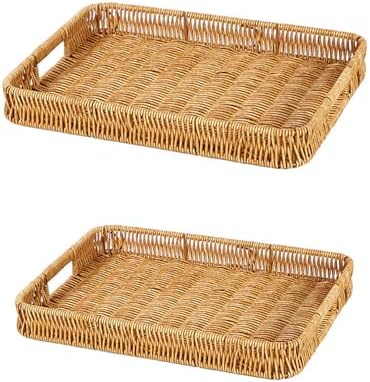 2 Pack Rectangle Rattan Serving Trays with Handles, Decorative Woven