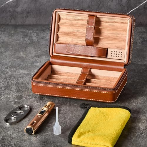 Leather Cigar Case, Travel Humidor Holds 7 Cigars, Brown Cedar Wood