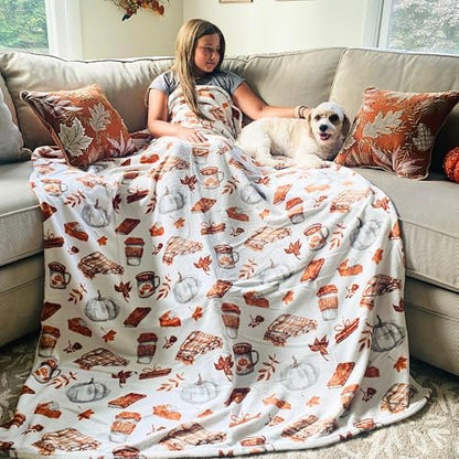 Fall Soft Fleece Throw Blanket, Pumpkin Spice Design, 50x70, Oversized