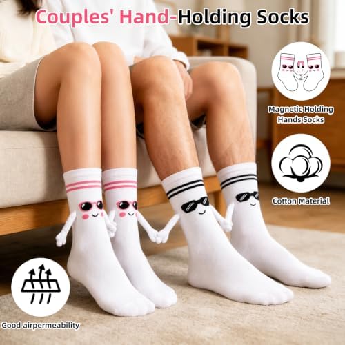 TUZELIYA 2 Pairs Magnetic Holding Hands Cotton Socks for Women Men