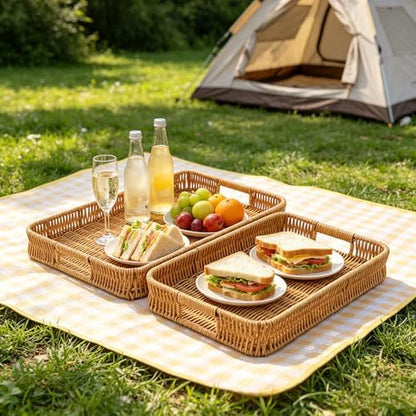 2pcs Woven Baskets Serving Trays with Handles, Rectangular Decorative