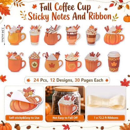 24 Set Fall Coffee Cup Sticky Notes and Pens Thanksgiving Party Gift