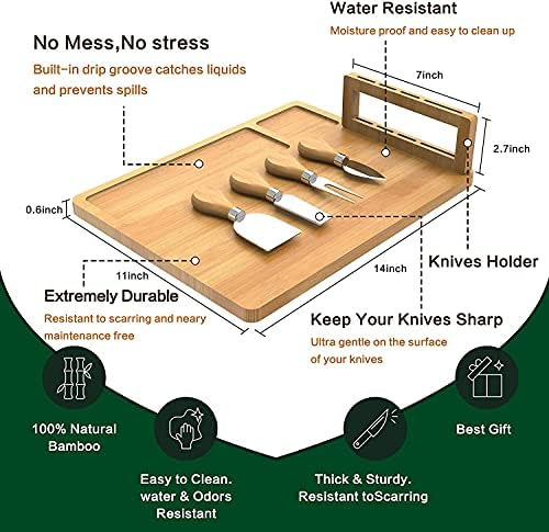 Bamboo Cheese Board, Cheese Tray with 4 Stainless Cutlery