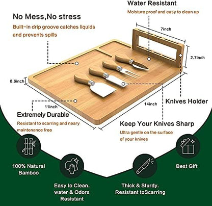 Bamboo Cheese Board, Cheese Tray with 4 Stainless Cutlery