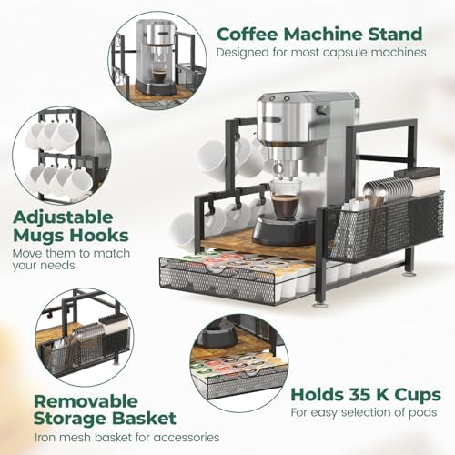 EsLuker.ly Coffee Bar Station Organizer with K Cup Drawer, 7 Mug Hooks