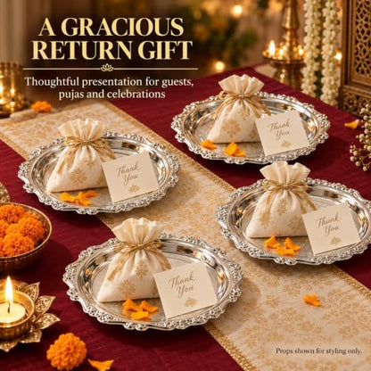 4 Pcs Vintage Silver Tray Indian Pooja Return Gift, Round Silver