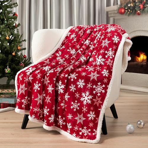 PAVILIA Red Snowflake Christmas Sherpa Throw Blanket, Ultra Soft