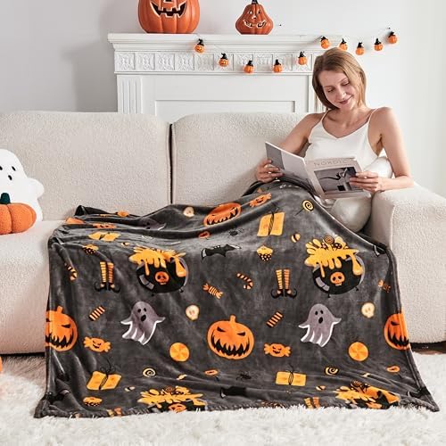 Edenleaf Halloween Blanket with Spooky Pumpkin Bat Ghost Spider Print