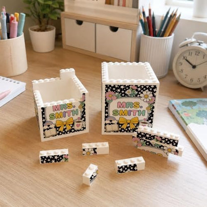 Personalized Pen Holder for Desk, Floral Building Blocks Gifts for