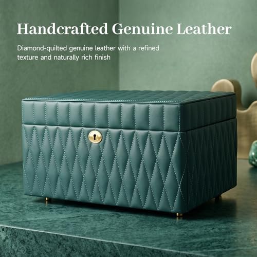 Genuine Leather Jewelry Box for Women, 3 Layer, Green
