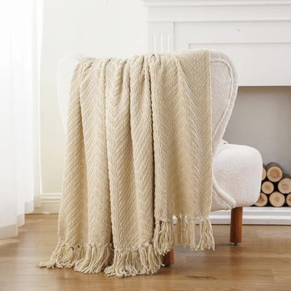 BATTILO HOME Beige Throw Blanket for Couch, Knitted Beige Throw for