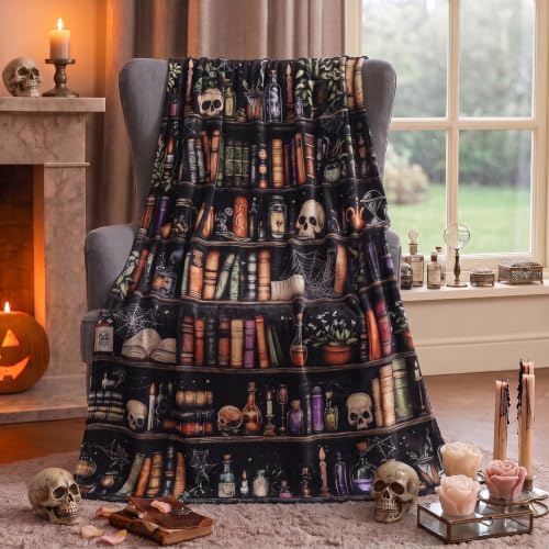 Halloween Skull Bookshelf Throw Blanket Soft Flannel Cozy Gothic