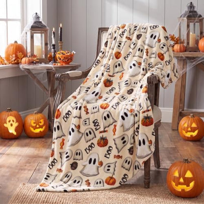 Horaldaily Halloween Beige Pumpkins Candy Ghost Flannel Throw Blanket