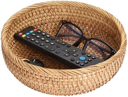 BTSKY 9.3" Round Rattan Remote Basket, Wicker Tray, Key Bowl for Home