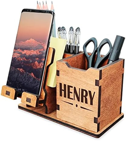 Personalized Wooden Pen Holder for Desk with Cell Phone Holder Wood