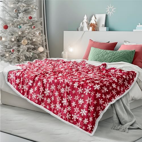 PAVILIA Red Snowflake Christmas Sherpa Throw Blanket, Ultra Soft