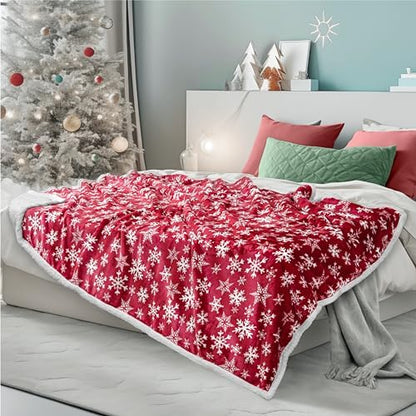 PAVILIA Red Snowflake Christmas Sherpa Throw Blanket, Ultra Soft