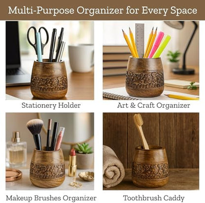 Mie Creations Rustic Pencil Holder, Wooden Pen Stand, Table Desk