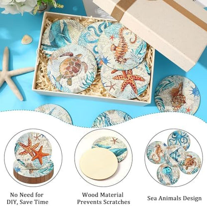 UPINS 8 Pieces Wooden Coasters for Drinks,Coastal Decor Ocean Beach