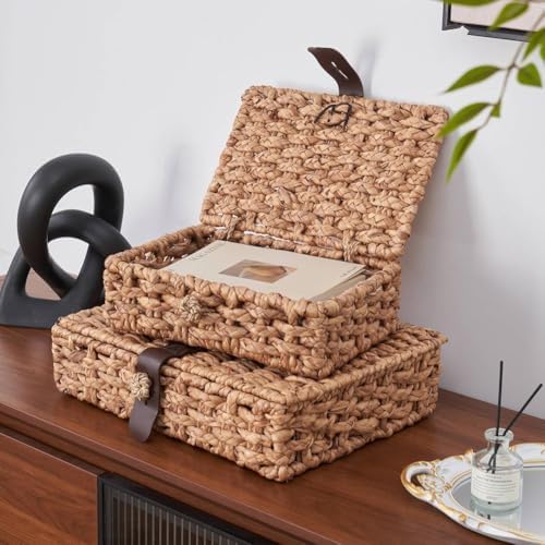 Wicker Decorative Box with Lid, Water Hyacinth Woven Basket for Shelf