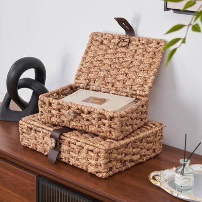Wicker Decorative Box with Lid, Water Hyacinth Woven Basket for Shelf
