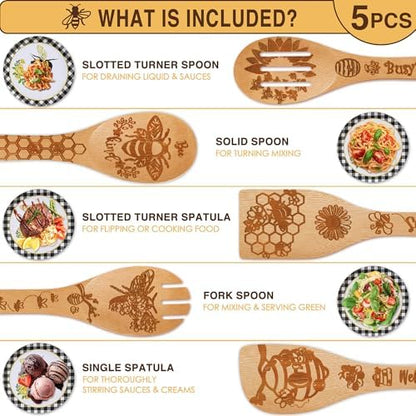 6 PCS Bee Wooden Cooking Bamboo Spoons Set,Bumble Bee Kitchen Utensil